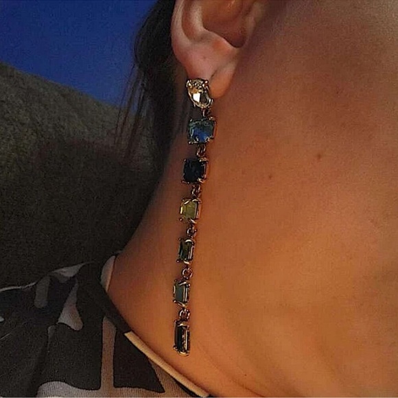 Antique Gold Emerald Cut Crystal Opal Sapphire Aquamarine Tassel Drop Earrings - Picture 8 of 13